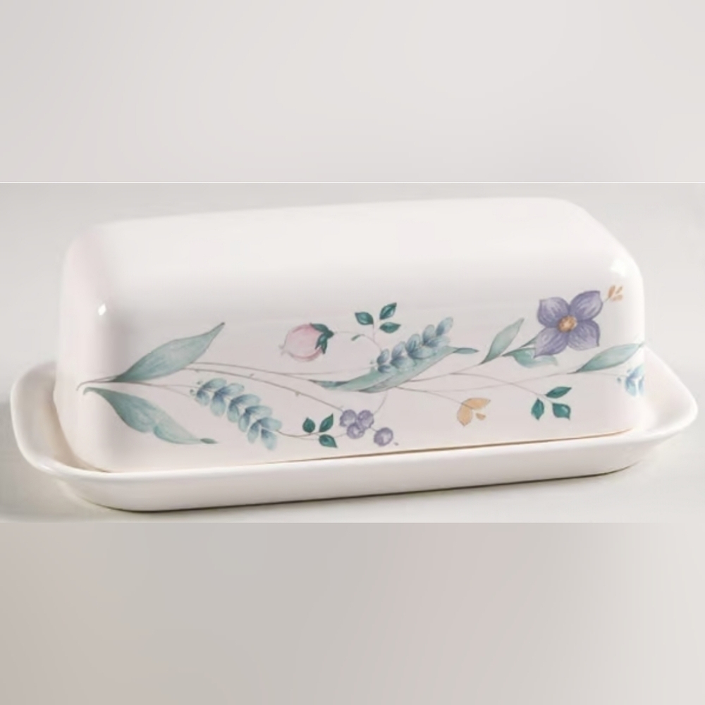 Vintage Pfaltzgraff April Pattern Covered Floral Butter Dish Teal & Purple - 7"W